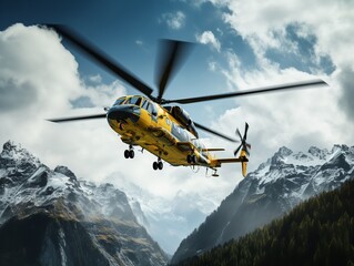 Helicopter Flying High Above Mountain Range - AI Generated