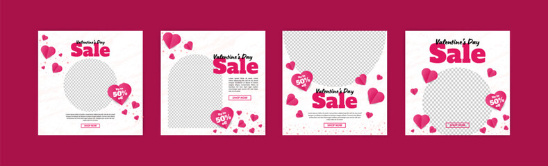 Social media post for valentines day sales promotion. Beautiful promotional banner design with heart decoration for Valentine's Day. Promotional banner for Valentine's Day themed goods.