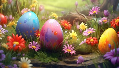Fototapeta na wymiar Colorful Easter eggs among wildflowers and grasses.