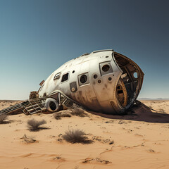 Abandoned spaceship in a desert wasteland. -