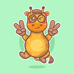 funny giraffe animal character mascot with peace sign hand gesture isolated cartoon 
