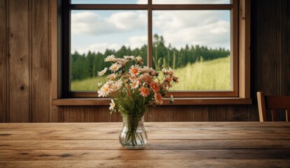 Bouquet of wildflowers in a glass vase on a wooden table