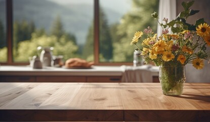 Yellow wildflowers in a glass vase on the kitchen table.