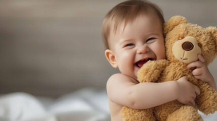 Joyful Toddler Embracing a Soft Teddy Bear. Generative ai