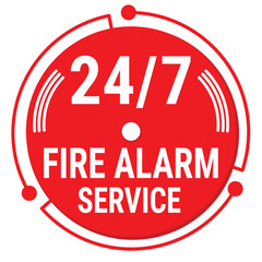 24/7 fire alarm service badge icon. Red round circle with alarm bell hammer. Concept for fire alarm system technician and electrician services around the clock