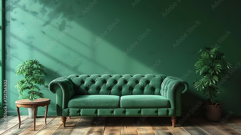 Poster Generative AI : Green sofa with table on green wall and wooden flooring.3d rendering