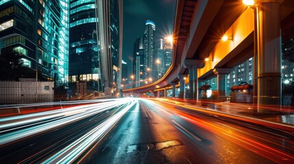 Light trails on the modern building background. Light trails at night in urban environment, Abstract Motion Blur City, traffic, transportation, street, road, speed