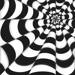 Optical illusion art of Zentangle warped art on chessboard pattern, Abstract art on black and white moving wave optical illusion.