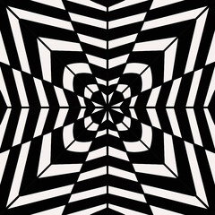 3D Illustration of hypnotic geometric optical illusion on black and white colour pattern background.