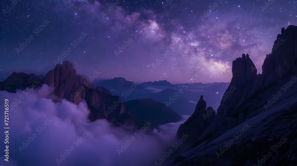 Poster generative ai : milky way above mountains in fog at night in autumn