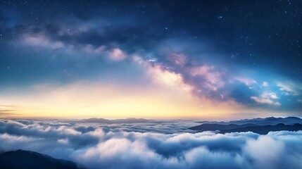 Obraz premium Generative AI : A panoramic view of the milky way galaxy arching over a tranquil sea of clouds