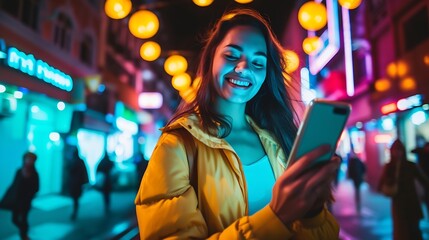 Generative AI : Beautiful Young Woman Using Smartphone Standing on the Night City Street Full of Neon Light.  - obrazy, fototapety, plakaty