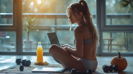Generative AI : A sporty woman in sportswear is sitting on the floor with dumbbells and a protein...