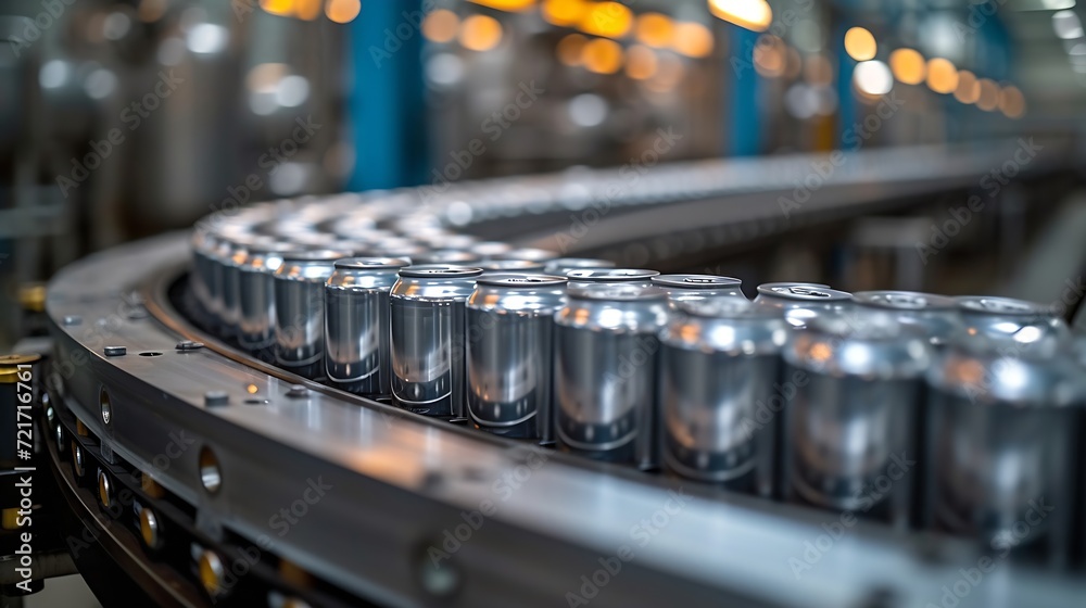 Poster Generative AI : Empty new aluminum cans for drink process in factory line on conveyor belt machine at beverage manufacturing. 