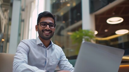 Fototapeta na wymiar Generative AI : Smiling indian businessman working on laptop in modern office lobby space. 