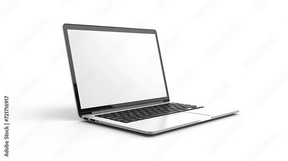 Poster generative ai : hovering aluminium laptop with blank screen and new design, isolated on a white back