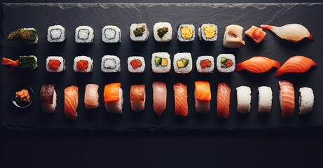 delicious sushi on black wooden board, top view