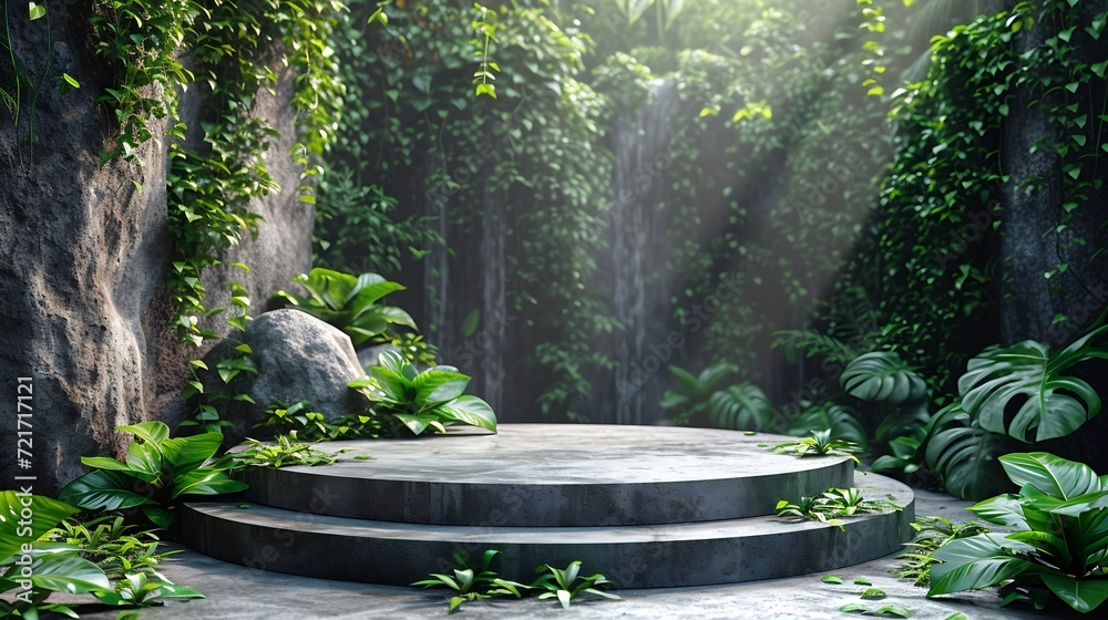 Poster generative ai : natural stone and concrete podium in natural green background for empty show for pac