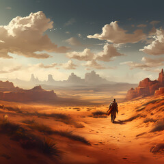 Desert landscape with a lone traveler. 