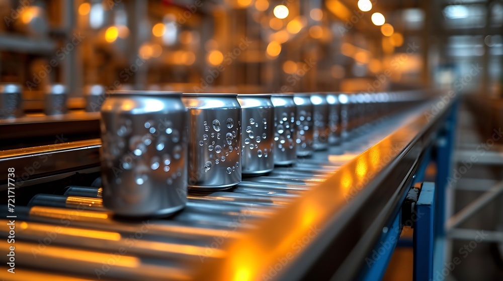 Poster Generative AI : Empty new aluminum cans for drink process in factory line on conveyor belt machine at beverage manufacturing. 