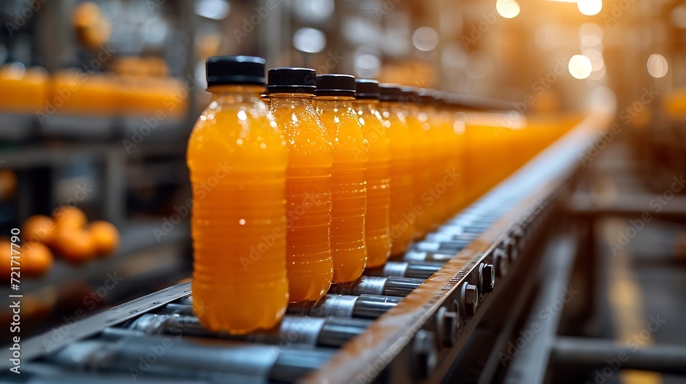 Poster generative ai : orange juice bottles transfer on conveyor belt system