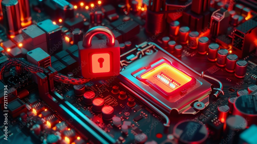 Poster advanced cybersecurity concept with encrypted chip. generative ai