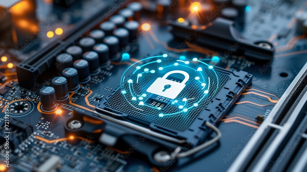 Poster advanced cybersecurity concept with encrypted chip. generative ai