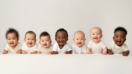 Generative AI : Row of six multi ethnic Babies smiling in studio