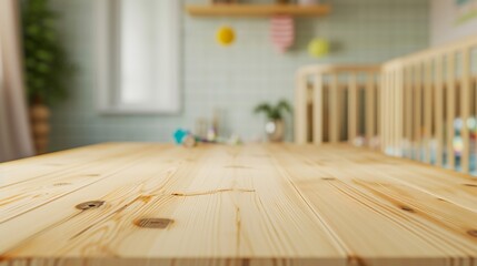 Generative AI : Empty wooden table in baby room interior - obrazy, fototapety, plakaty