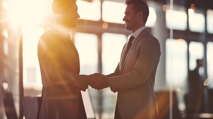 Generative AI : Shot of two businessmen shaking hands in an office. Two smiling businessmen shaking hands while standing in an office.  - obrazy, fototapety, plakaty