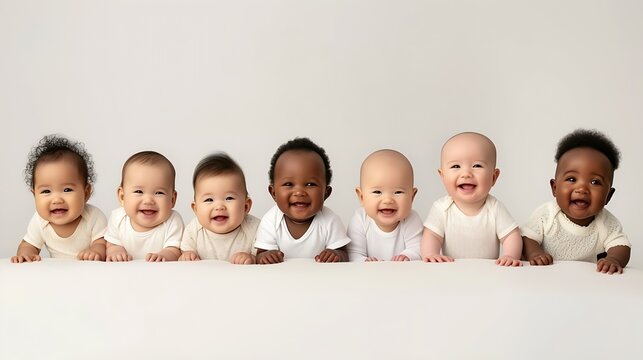Generative AI : Row of multiethnic babies sitting side by side looking away isolated on gray background