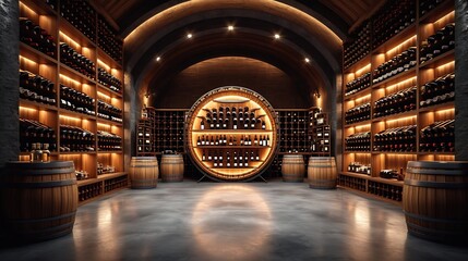 Generative AI : Big round wine cellar for storage of alcoholic beverages placed inside modern manufacturing factory