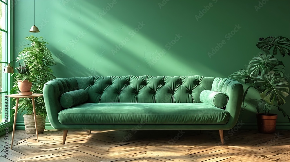 Poster Generative AI : Green sofa with table on green wall and wooden flooring.3d rendering