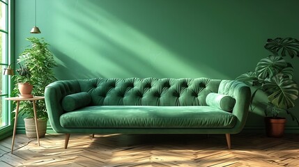 Generative AI : Green sofa with table on green wall and wooden flooring.3d rendering