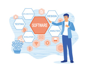 Man working using virtual screen. Develop software and business process automation. Software developers concept. flat vector modern illustration 