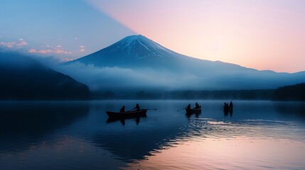 Generative AI : Fujisan with Silhouette three fishing people on boats 