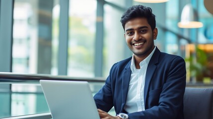 Fototapeta premium Generative AI : Smiling indian businessman working on laptop in modern office lobby space. 