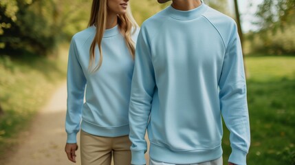 a couple wearing a crew neck 18000 light blue long sleeve mockup, walking down path in a park   - Powered by Adobe