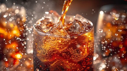 Generative AI : Pouring cola soda with ice and bubble on front view white background cold drink beverage - obrazy, fototapety, plakaty