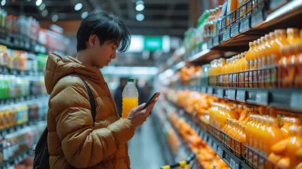 Fotobehang Generative AI : Asian man choosing orange juice in supermarket using smartphone to check shopping list.  © The Little Hut