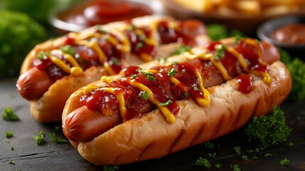 Generative AI : Hot dog with ketchup and mustard on white