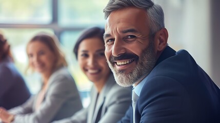 Obraz premium Generative AI : Happy mature businessman attending a meeting with his colleagues in an office. 