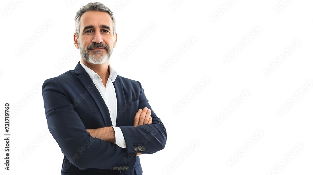 Poster generative ai : good-looking middle-aged businessman with arms crossed isolated in white background