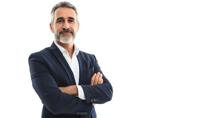Generative AI : Good-looking middle-aged businessman with arms crossed isolated in white background - obrazy, fototapety, plakaty