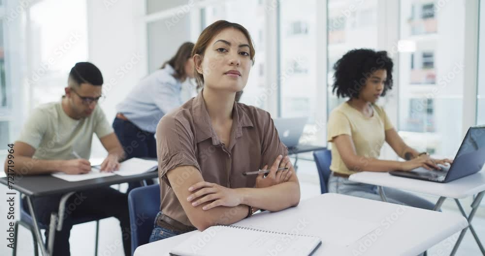 Poster students, writing and notes in lecture at university for learning, education or knowledge with schol