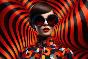 A model with a straight haircut and round sunglasses against a red and black striped background