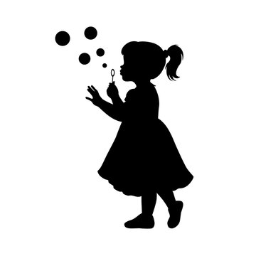 recommend clip art: Little girl blowing to make many bubbles, little girl plays with soap bubbles silhouette