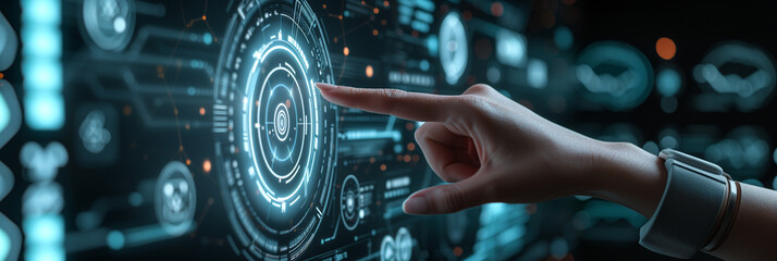 Hand pressing button on virtual screen.