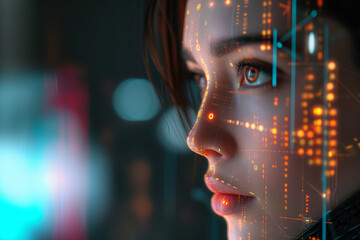 Portrait of young woman with digital binary code on her face.