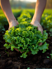 Naklejka na ściany i meble Hands Harvesting Fresh Lettuce, Organic Farming, Sustainable Agriculture, Close-up, Green Leafy Vegetables, Healthy Food Source, Evening Light